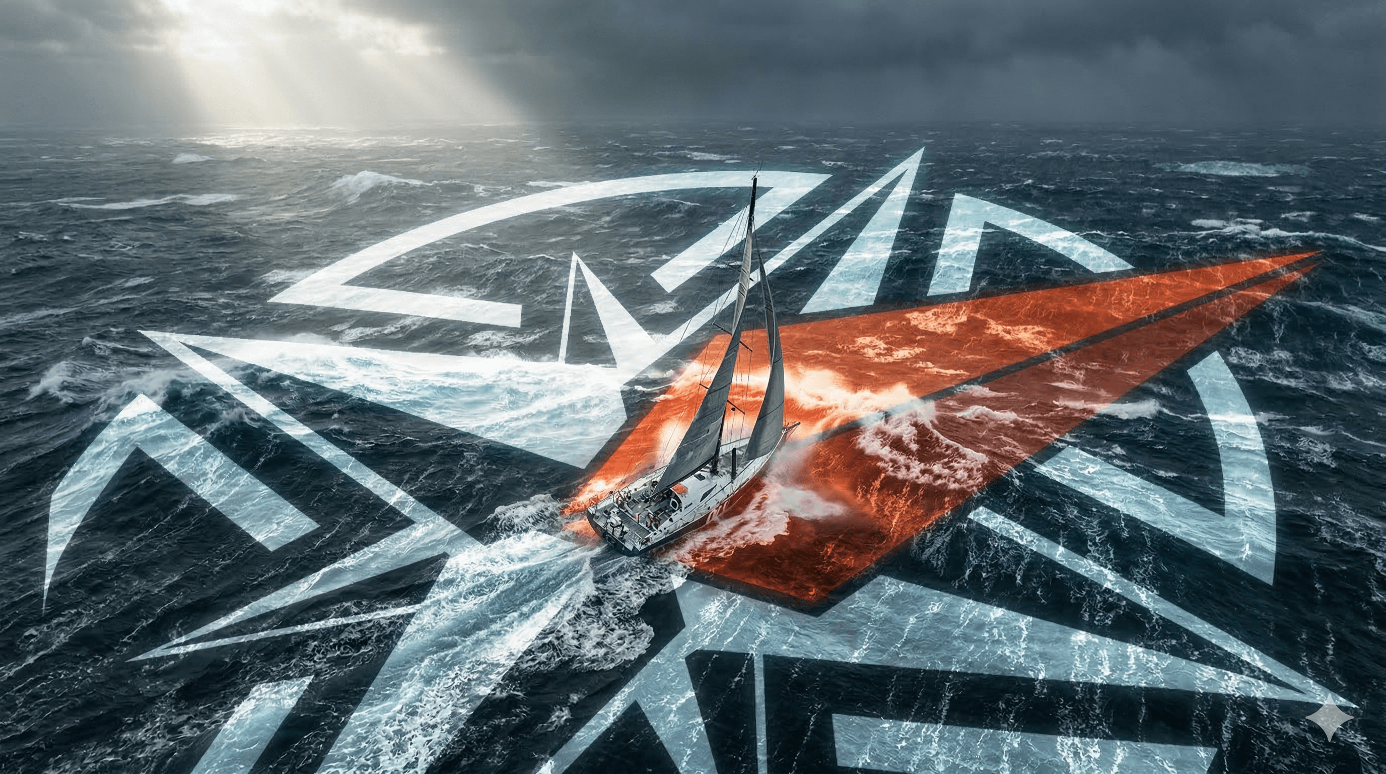 Sailboat navigating stormy seas with compass rose